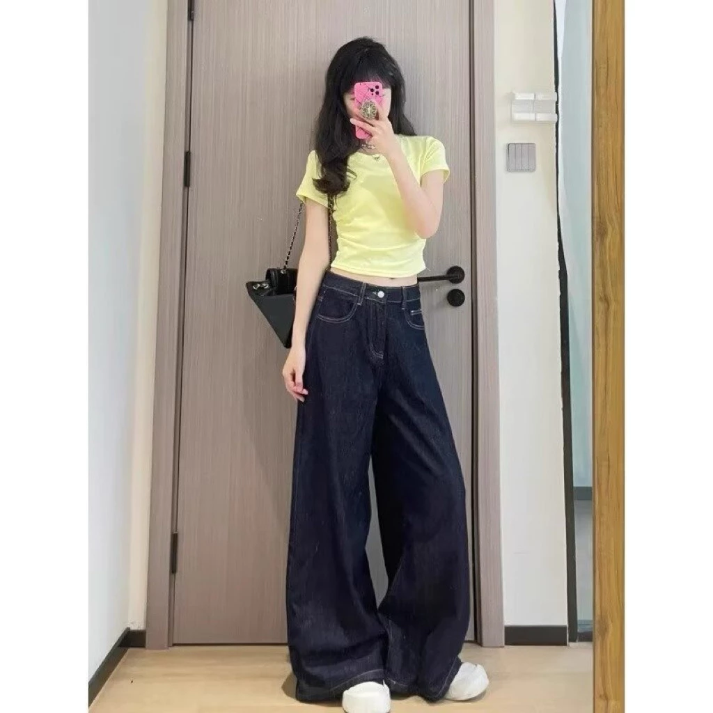 (Dáng nấm) Quần bò suông rộng xanh than 90-95cm cạp cao phom dáng chuẩn Hàn Quốc