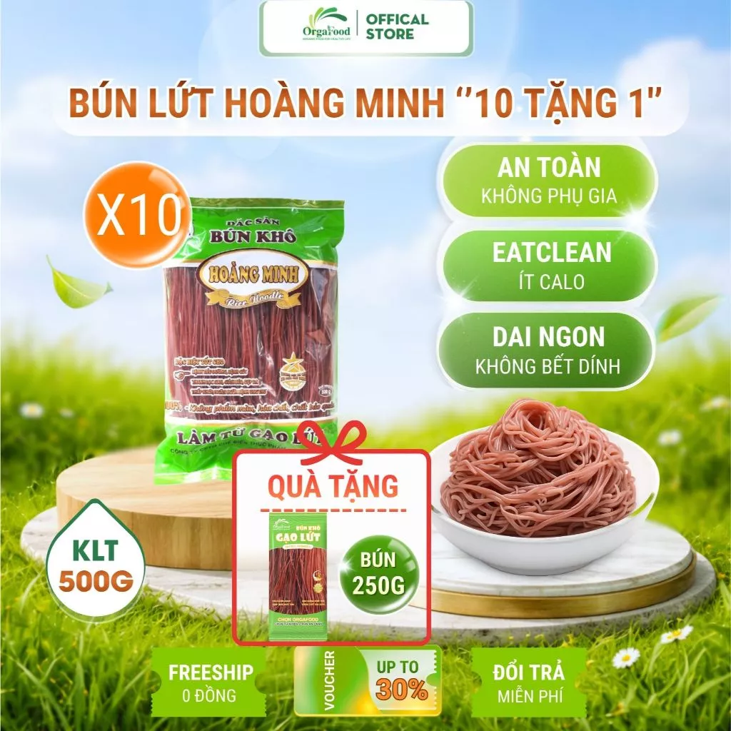 Combo 10 bịch bún gạo lứt Hoàng Minh túi 500g [tặng 1 bịch bún 250g], eatclean, ăn kiêng, giảm cân