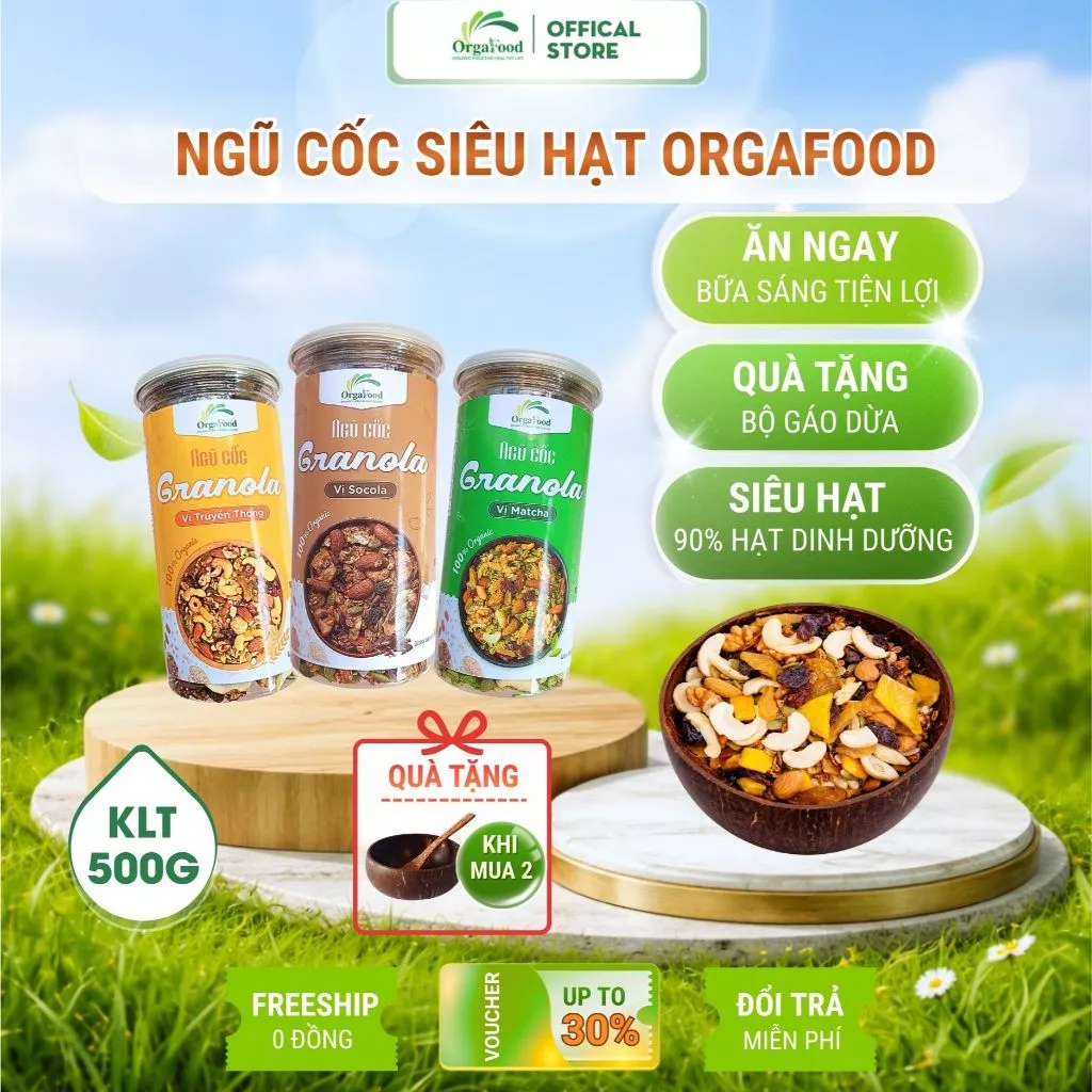 Granola ngũ cốc ăn kiêng 10% yến mạch [mua 2 tặng 1 gáo dừa] Orgafood không đường giảm cân 9 loại hạt cao cấp