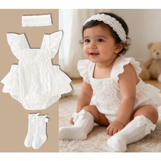 3pcs thiết lập trẻ sơ sinh Jumpsuit cô gái mùa hè tay ngắn tinh tế và thanh lịch bông trắng bay tay áo váy 0-24 M