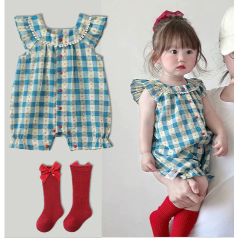 2pcs Set Baby mới sinh tay ngắn Jumpsuit Dễ thương Bông xanh Plaid Baby váy cho 0-24M