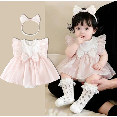 0-24M trẻ sơ sinh cô gái mùa hè jumpsuit hồng ngọt ngào công chúa váy quần áo