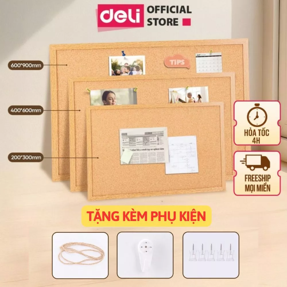 Bảng Ghim Gỗ Bần Deli Nhiều Size Tặng FULL Phụ Kiện Ghim Tài Liệu Ghi Chú Treo Ảnh Note Tài Liệu Cho Văn Phòng
