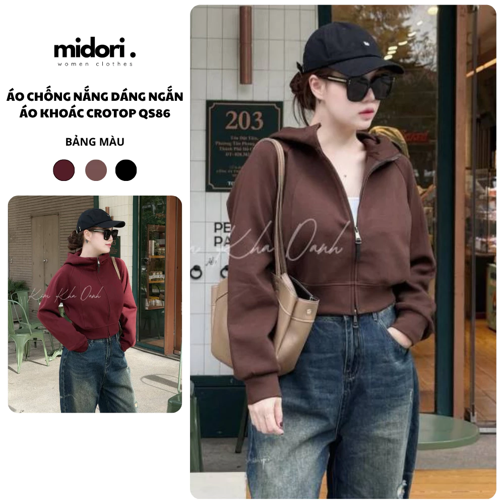 Áo chống nắng dáng ngắn Áo khoác chống nắng croptop mũ rộng trẻ trung nhẹ thoáng Midori Shop QS86