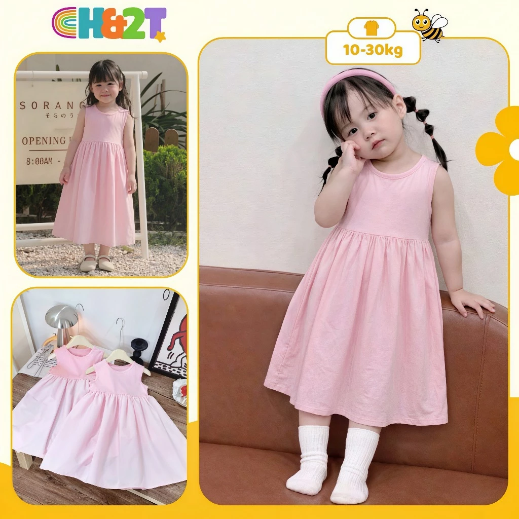 Váy bé gái hồng sát nách dáng xoè (10-30kg), váy bé gái cotton mùa hè H&2T baby kid - [M13]