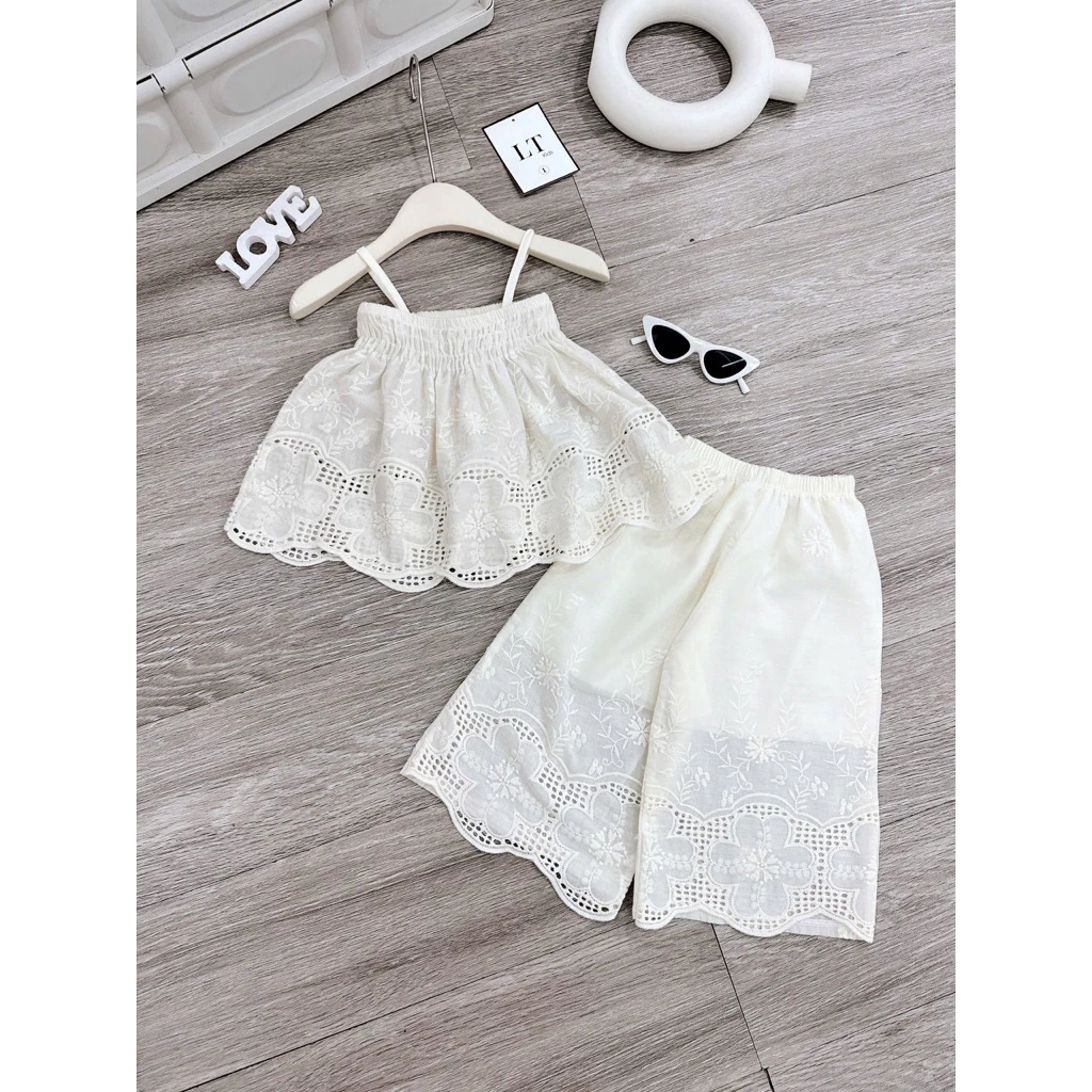 [LiA baby’] K3 Set bộ ren 2 dây bo chạy ngựckèm quần dài xuông xinh xắn cho bé gái (9-30kg)