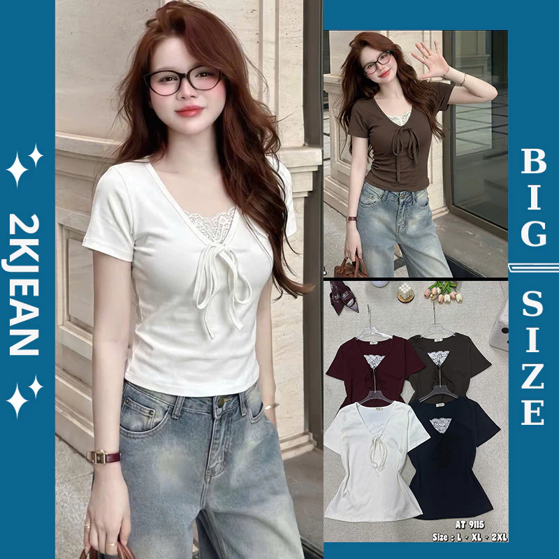Áo Thun nữ tay ngắn kiểu phối ren thắt nơ 2KJeans Bigsize 55kg-90kg, áo thun ngắn tay chất borip cao cấp AT9115