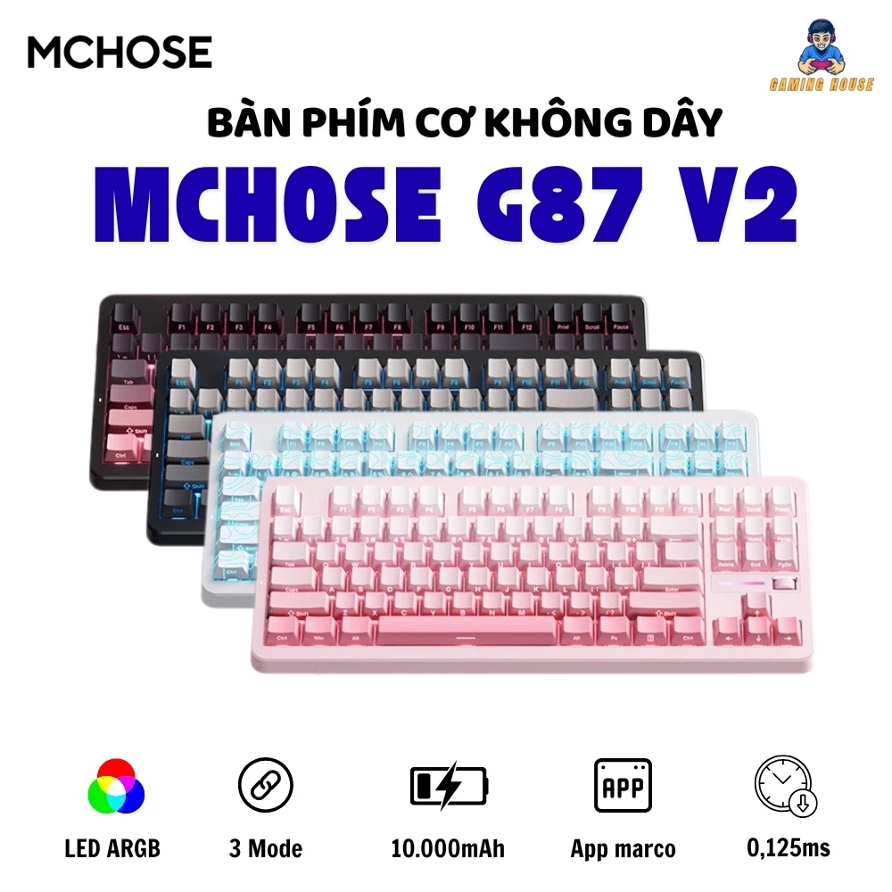 Bàn phím cơ không dây MCHOSE G87 - 3 mode kết nối - Led RGB - Layout 87% - Gasket Mount - Hotswap