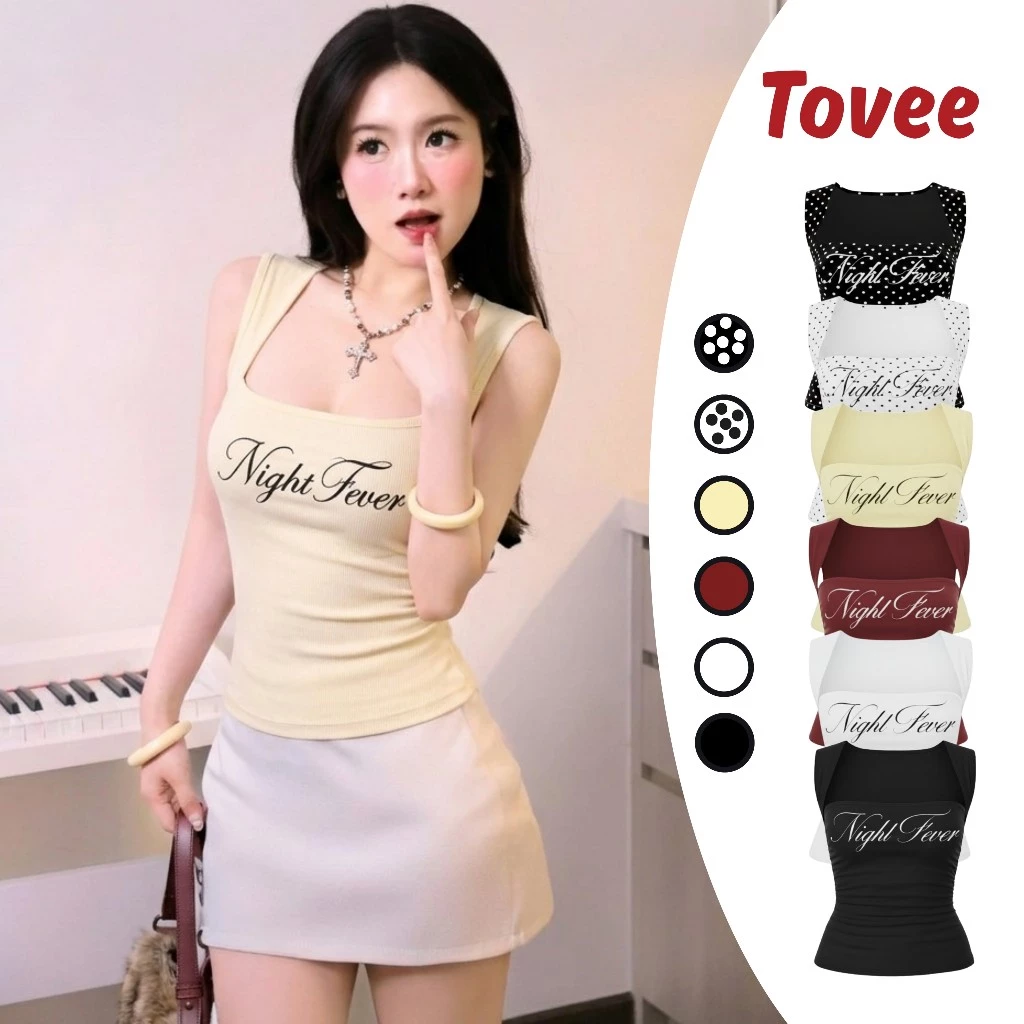 SÁT NÁCH NHÚN EO IN CHỮ NIGHT FEVER Chất Borip Lụa DD10, Áo Thun Nữ In/Chấm Bi Ôm Body TOVEE