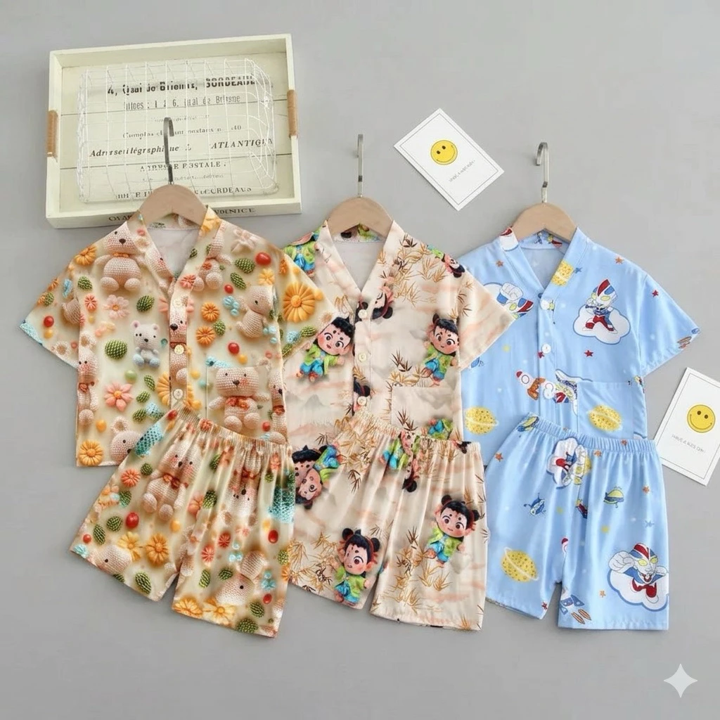 Bộ đồ bé trai bé gái mùa hè vải thun lạnh set áo cổ tàu quần short họa tiết dễ thương,mềm nhẹ thoáng khí cho bé 1-8 tuổi