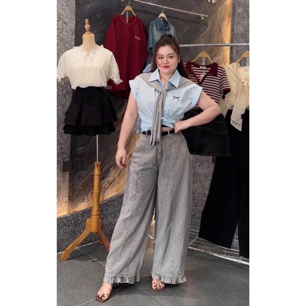 215 BIGSIZE Quần jeans suông ống rộng cạp cao tạo kiểu viền, quần ống rộng jeans nữ phối viền bèo