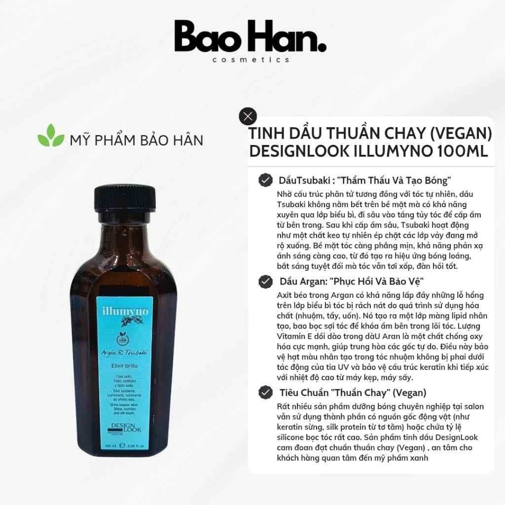TINH DẦU THUẦN CHAY (VEGAN) DESIGNLOOK ILLUMYNO 100ML - PHỤC HỒI BÓNG MƯỢT , KHÔNG BẾT DÍNH , CHIẾT XUẤT ARGAN & TSUBAKI
