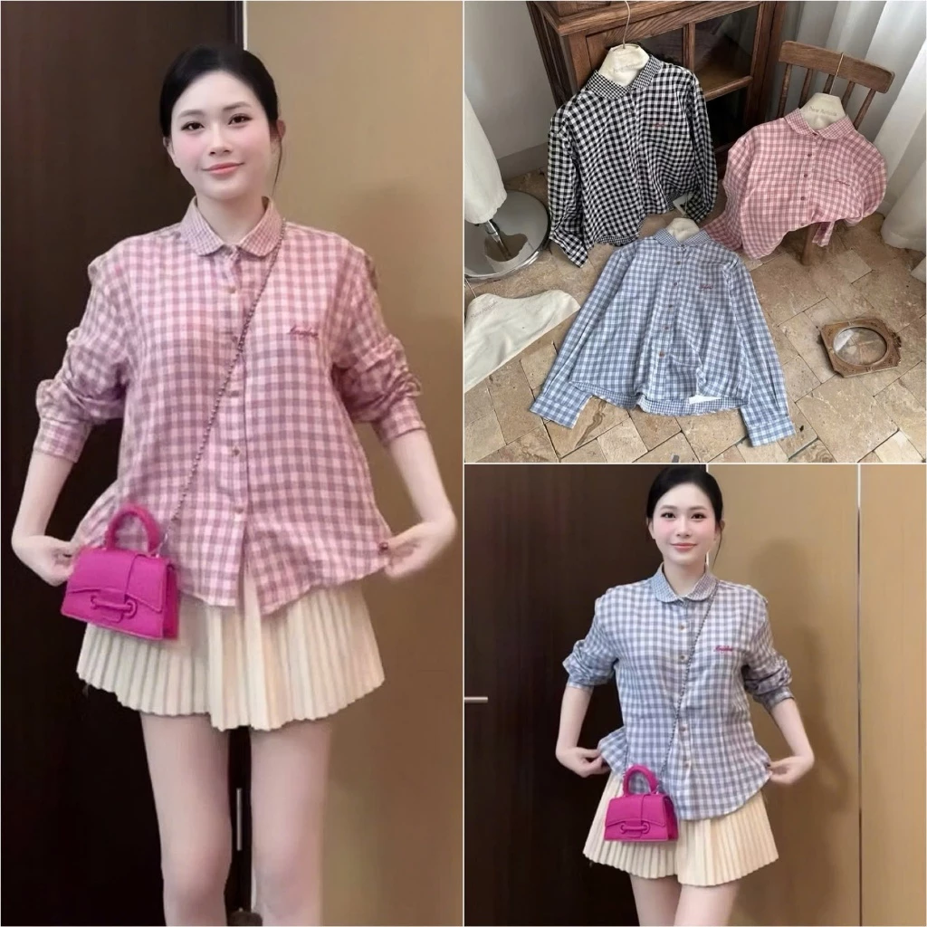 HT23. Áo sơ mi kẻ tay dài thêu chữ, áo chất thô mềm mát đủ size 40-70kg . Áo sơ mi kẻ nữ, hoạ tiết thêu, chất thô mềm mặ