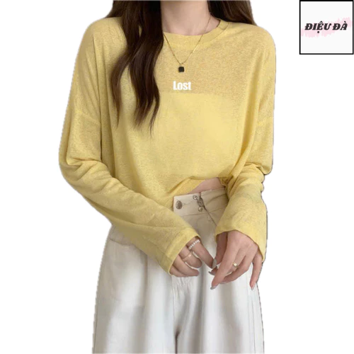 Áo thun dài tay nữ in chữ LOST sành điệu thun cotton co giãn thoáng mát thấm hút mồ hôi hình đơn giản trẻ trung