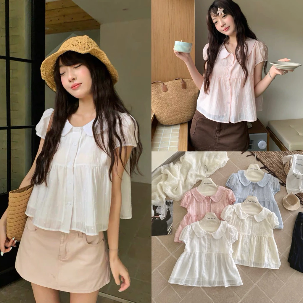 Áo babydoll cổ sen tay bồng vải tơ đũi chấm bi dáng ngắn siêu xinh dễ phối đồ phong cách Hàn Quốc trẻ trung