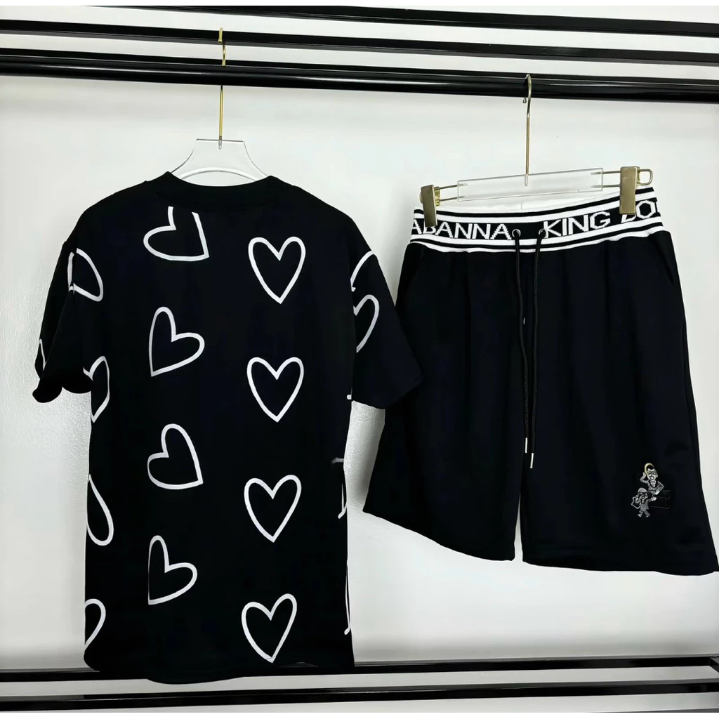 Bộ cộc nam áo thun in hoạ tiết trái tim kèm quần short dcel chất thun lạnh dành c hả o nam nữ