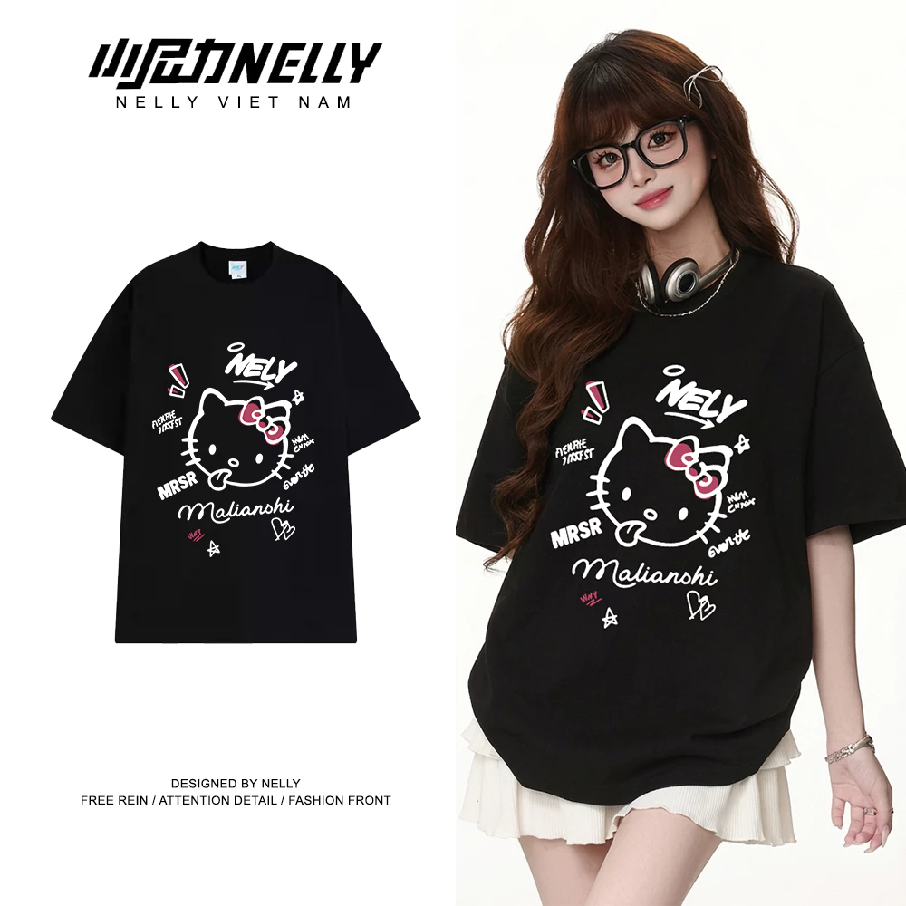 [GIÁ MỞ BÁN] Áo thun NELLY - Mèo Hello Kitty cotton 250gsm Premium -Tay Lỡ Form Rộng Oversize Nam Nữ