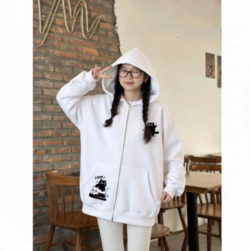 Áo Hoodie Zip Form Rộng Có Khóa Kéo In Hình 4 Mèo Dễ Thương – Áo Khoác Nỉ Unisex Oversize , Dày Ấm, Phong Cách
