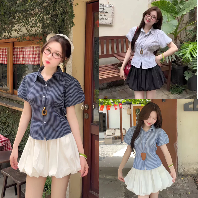 Áo Sơ Mi Kẻ Tay Phồng Dáng Ngắn Kẻ Thô Linen Phong Cách Hàn Quốc MS139