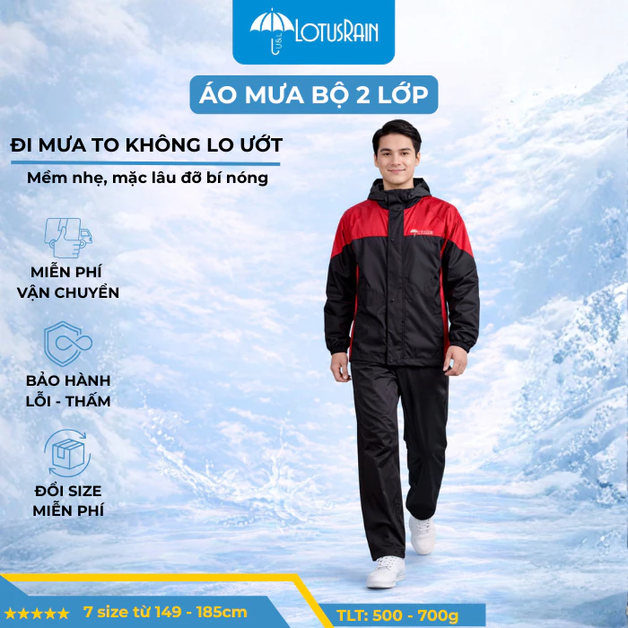 Bộ Áo Mưa Người Lớn Lotusrain 2 Lớp, Đi Mưa To Lâu Không Lo Ướt, Mặc Lâu Đỡ Bí Nóng