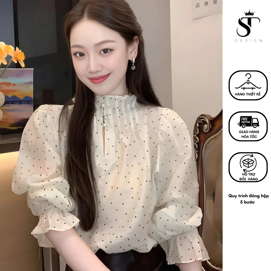 Áo sơ mi tơ dài tay bo gấu xếp ly cổ cài nút ngọc ( TẶNG KÈM ÁO 2 DÂY) - ST Design - k68