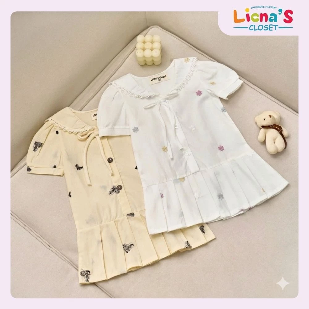 Váy Thô Cao Cấp Bé Gái Liena’s Closet Cổ Bẻ Thêu Hoa Phối Ren Đẹp Điệu Đà