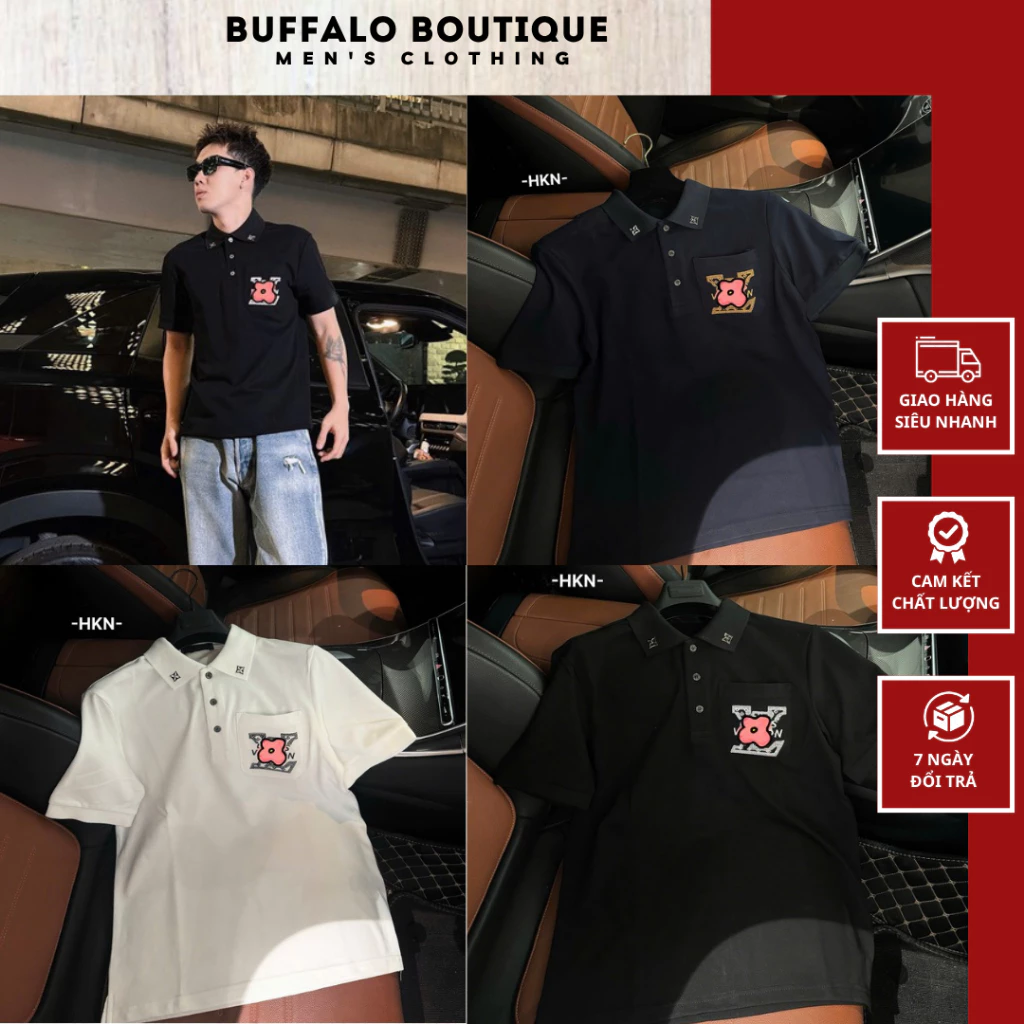 Áo Polo Nam Đính Hoa 2 Bên Cổ Siêu Nét - Polo Nam Nữ Thêu Logo Túi Áo Cao Cấp