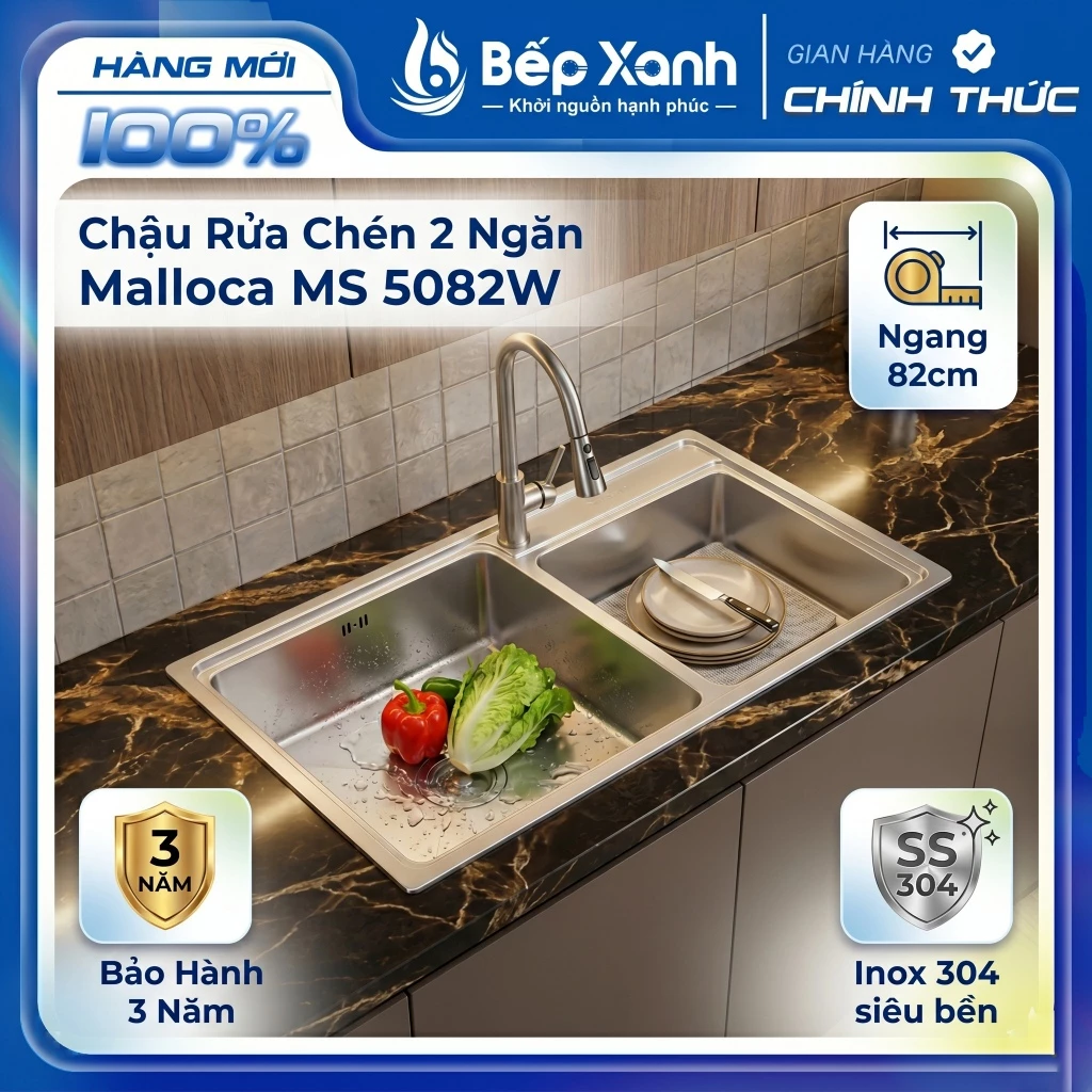 MS 5082W | Chậu Rửa Chén 2 Ngăn Malloca MS 5082W - Ngang 82cm - Bảo Hành 3 Năm