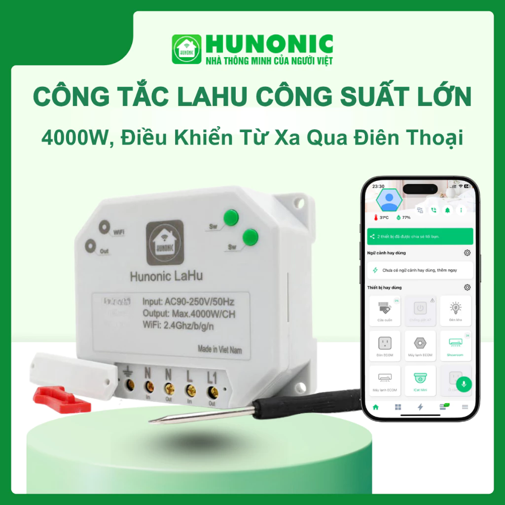 Công Tắc Lahu 1 Kênh CSL Hunonic WiFi 4000W Hẹn Giờ Bật Tắt Từ Xa, Hoạt Động Độc Lập, App Tiếng Việt