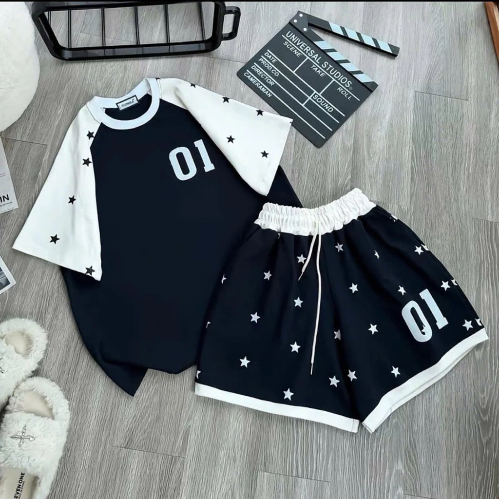 Bộ Đồ 01 Raplan In Sao Style Hàn Quốc. Bộ đồ ngắn tay form rộng mùa hè dễ thương