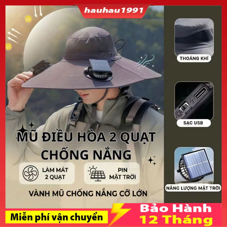 Mũ 2 quạt điều hoà năng lượng mặt trời , mũ chống nắng đi làm , mũ câu cá ngoài trời chống tia UV