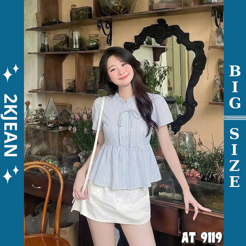 Áo sơ mi sọc tay bồng bigsize 55kg-90kg kiểu dáng baby doll vải linen sọc xịn dày dặn đi chơi, đi học 2kjeans AT9119