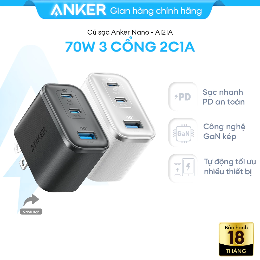 [LIVE] Củ sạc nhanh Anker Nano 70W 3 cổng 2C1A typeC (GaN, PD) Cho iPhone, Mac, SamSung | Bảo vệ pin thông minh- A121A