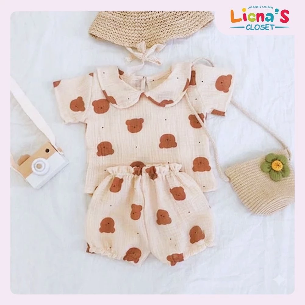 Bộ Cộc Tay Hoạ Tiết Gấu Đáng Yêu Chất Liệu Xô Muslin Cho Bé