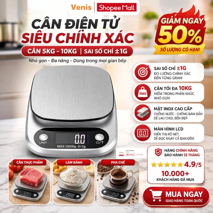 Cân tiểu ly điện tử nhà bếp mini 0.1g 1g-5kg 10kg,Cân tiểu li chính xác kèm 2 viên pin