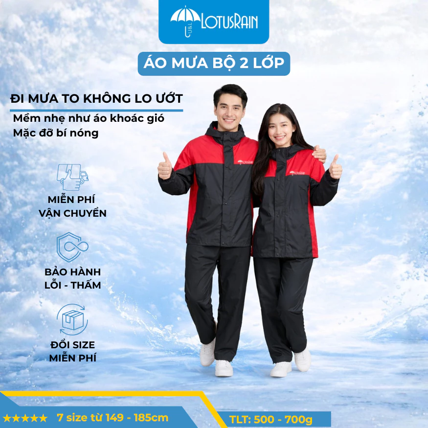 Áo Mưa Bộ Lotusrain 2 Lớp, Đi Mưa To Lâu Không Lo Ướt, Mềm Nhẹ Như Áo Khoác Gió Nên Mặc Đỡ Bí Nóng