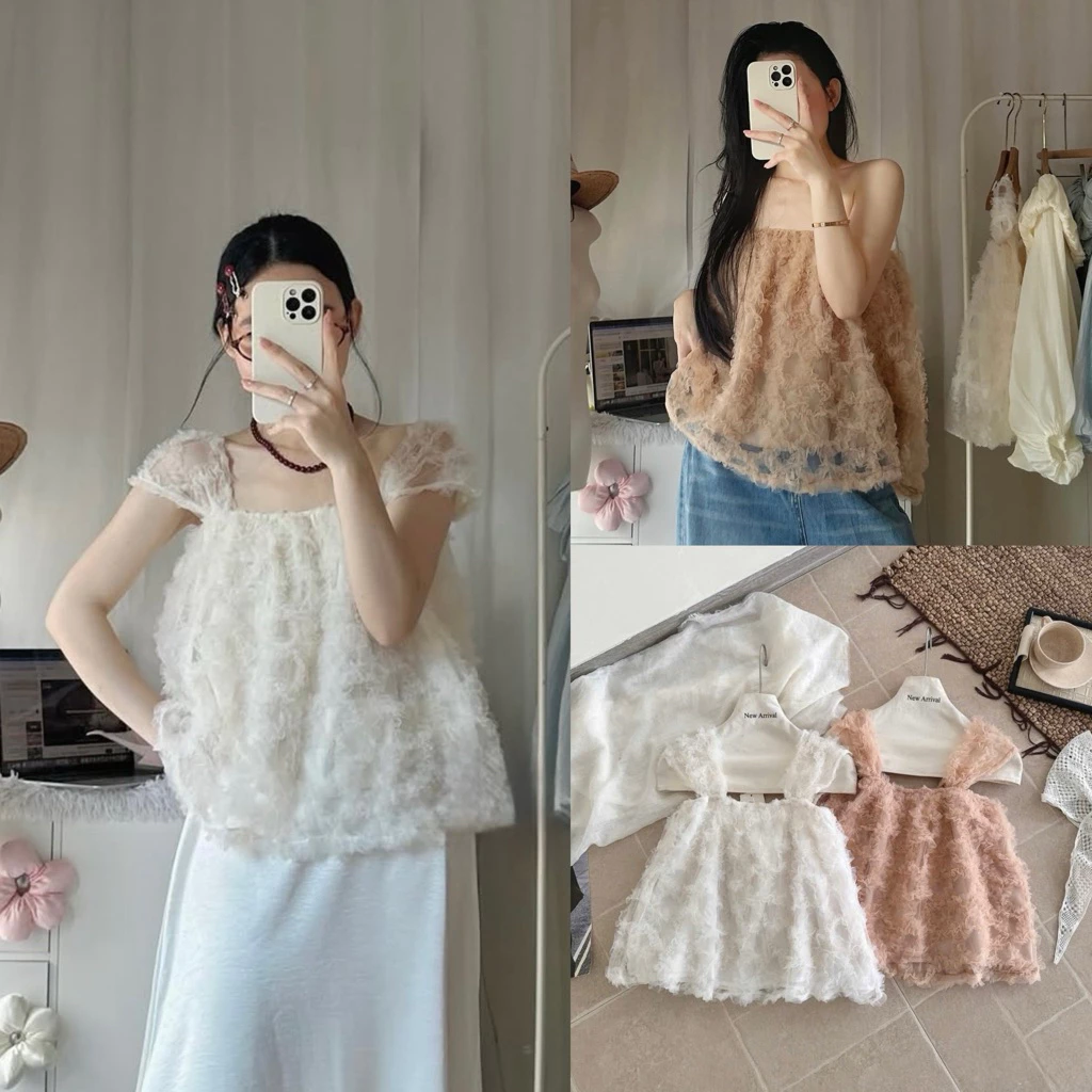 [Hàng QC L1] Áo 2 dây bản to dáng babydoll chất lưới bông xù hoa nổi Sandy Top - A5592