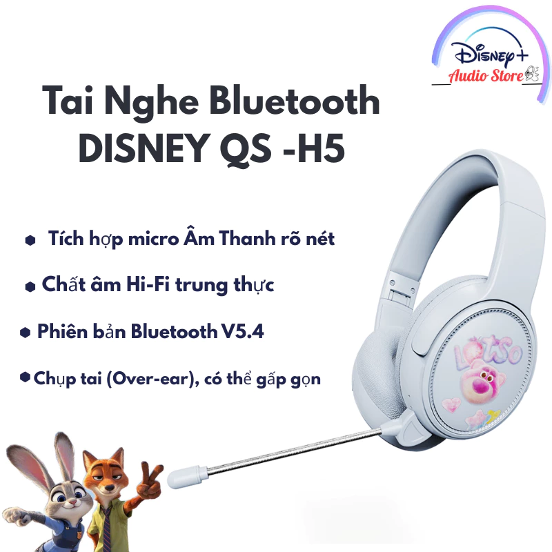 Tai nghe chụp tai Bluetooth 5.4 Disney QS-H5 | Chính hãng Gấu Dâu Lotso | Âm thanh Hi-Fi 40mm | Chống ồn, Gấp gọn