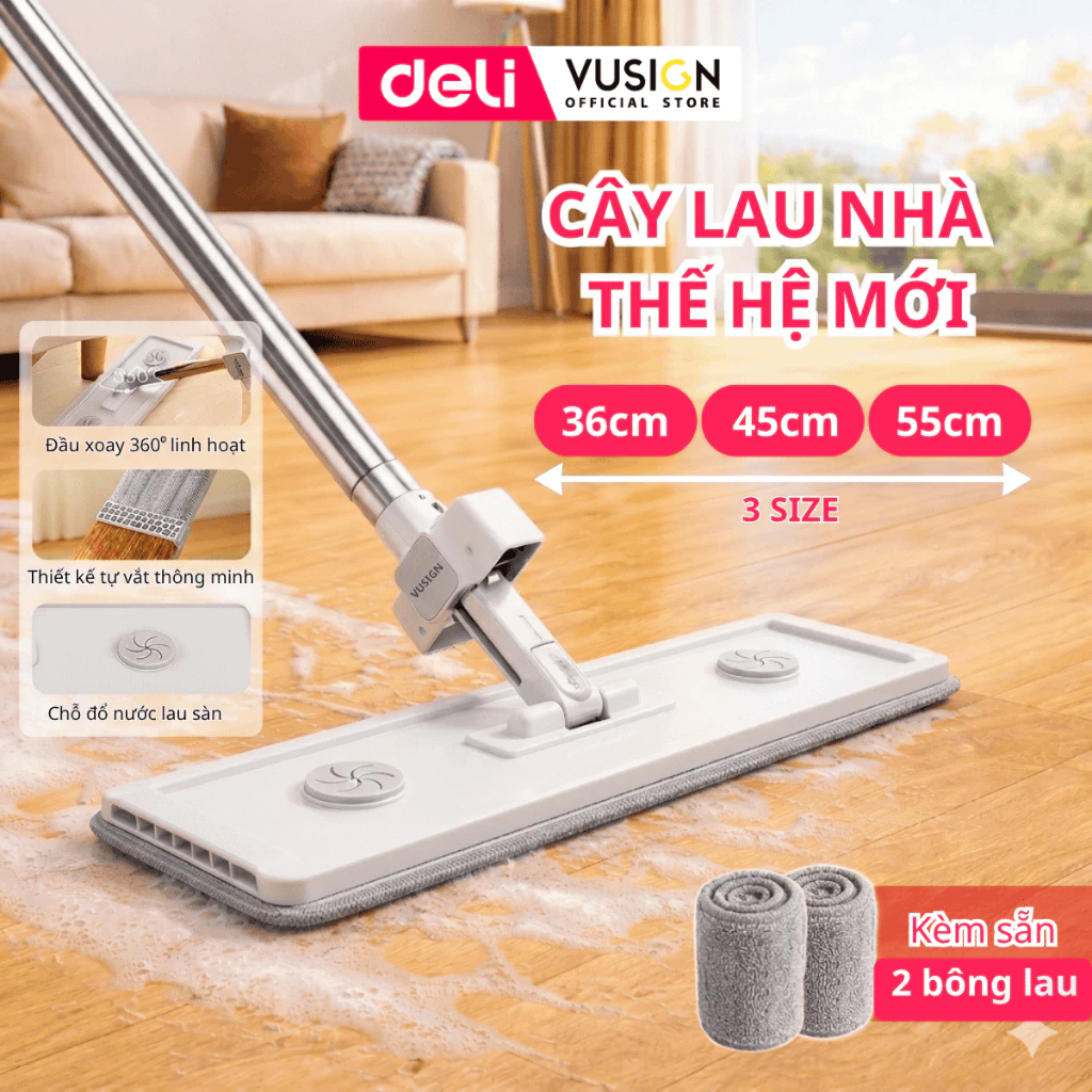 Cây Lau Nhà Tự Vắt Deli Vusign  Đầu Xoay 360 Độ Linh Hoạt KÈM 2 BÔNG Chổi Lau Nhà Thông Minh Lau Sạch Mọi Góc
