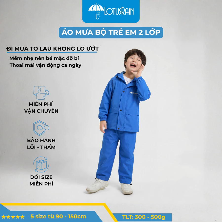 Áo Mưa Bộ Trẻ Em 2 Lớp Cho Bé, Đi Mưa To Lâu Không Lo Ướt, Mềm Nhẹ Nên Bé Mặc Đỡ Bí Và Thoải Mái Vận Động Cả Ngày