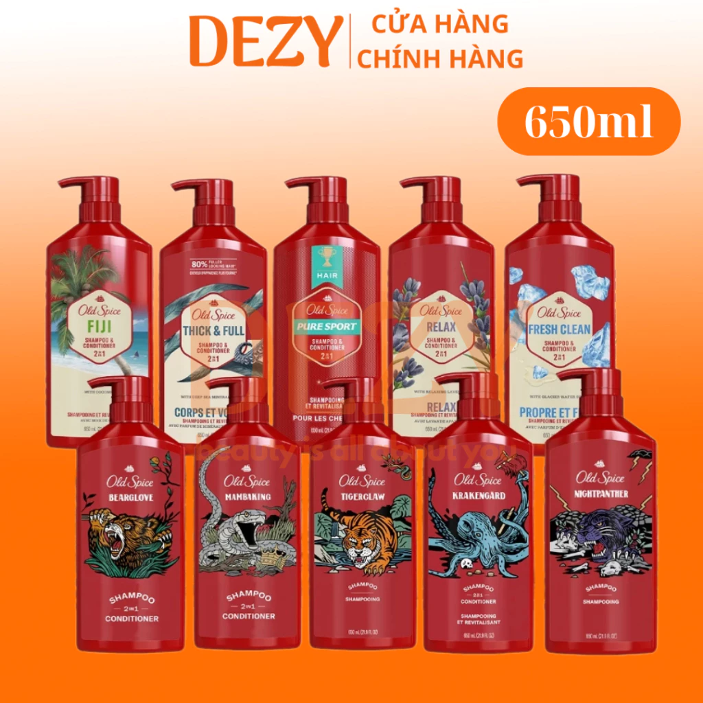 Dầu Gội Xả 2in1 Old Spice 650ml Chính Hãng Mỹ Thick & Full Pure Sport Và Bearglove Hương Nước Hoa Dưỡng Chắc Khỏe Dezy