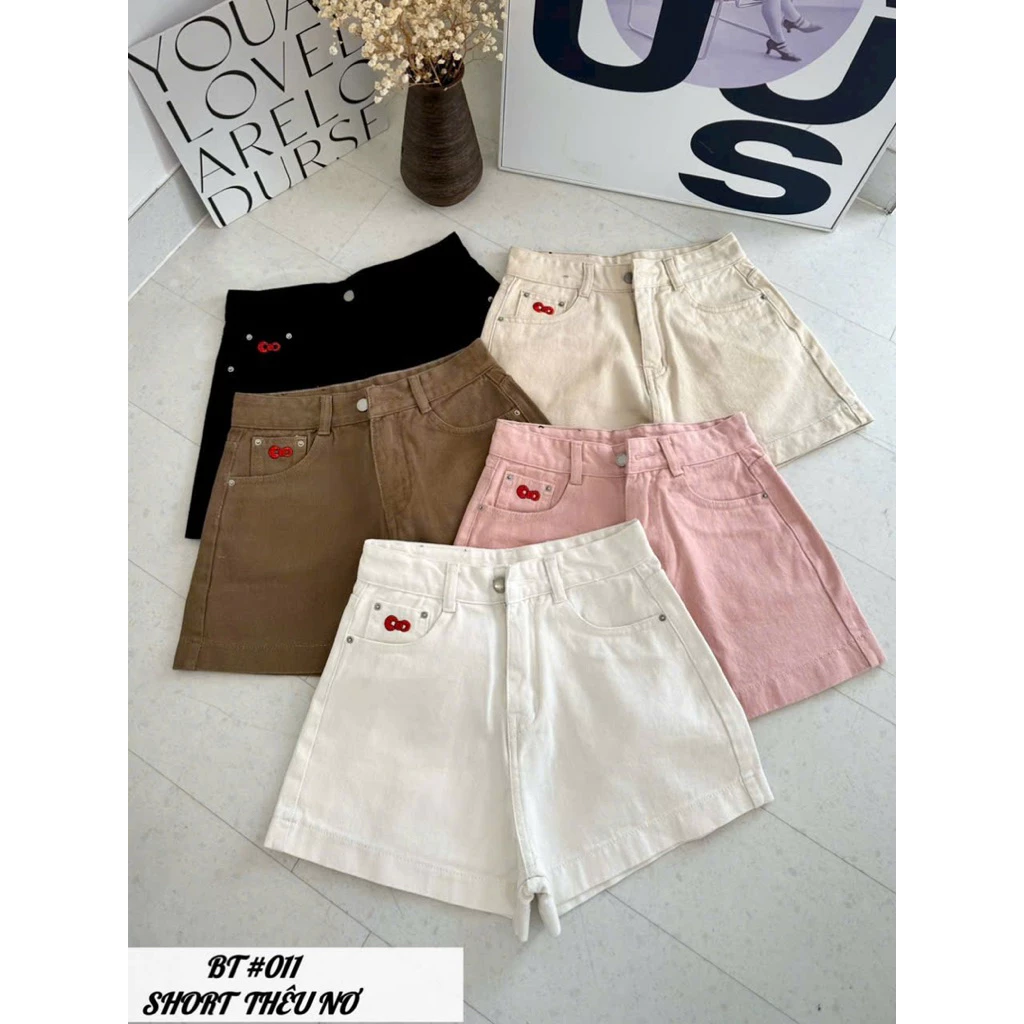 QUẦN ĐÙI JEAN NỮ LƯNG CAO THÊU NƠ, QUẦN SHORT JEAN KAKI MỀM MẠI FROM CHỮ A BASIC