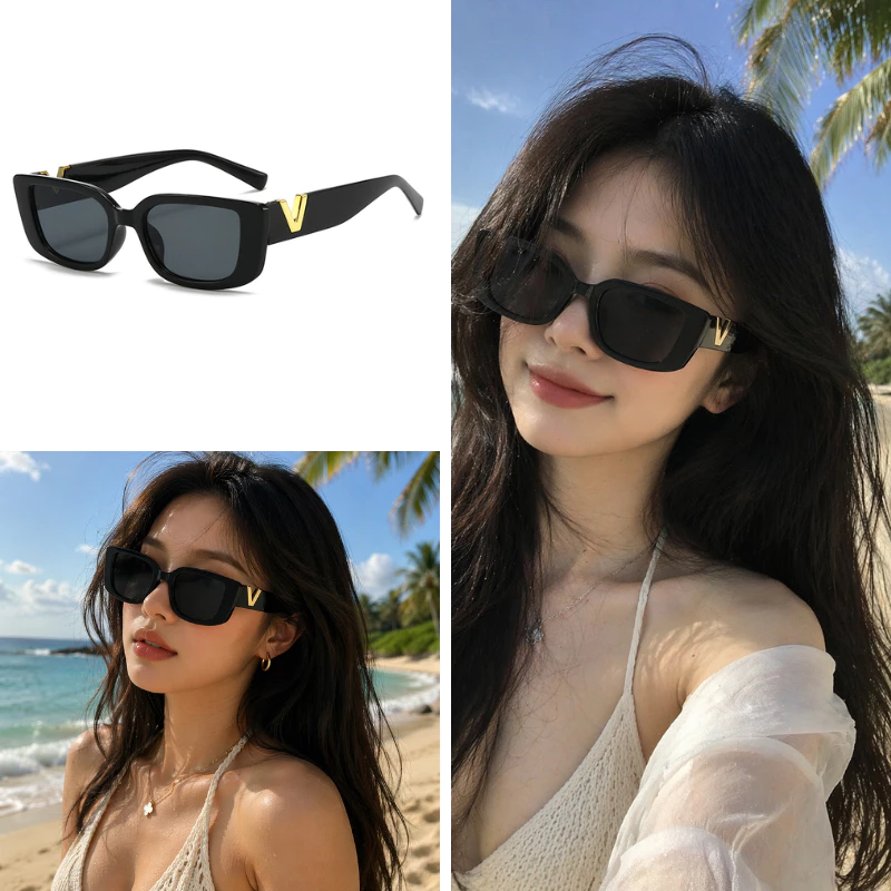 Kính Râm Nữ Kim Loại Chữ V Dáng Vuông Nhỏ Cao Cấp 2026 Phong Cách HipHop Cá Tính Chống Nắng UV Kính Thời Trang Đi Biển