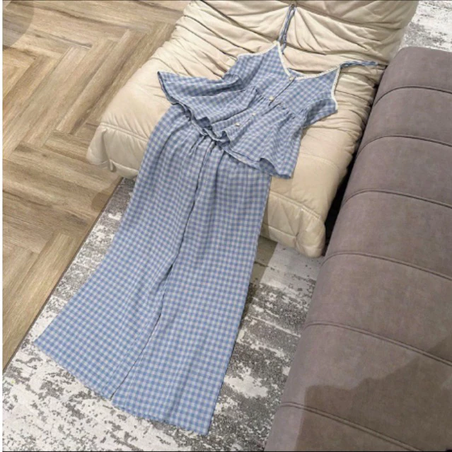 935_Bộ ngủ nữ, pijama hai dây quần dài hoạ tiết kẻ caro xanh chất cotton | Hàng QCCC | 9scat