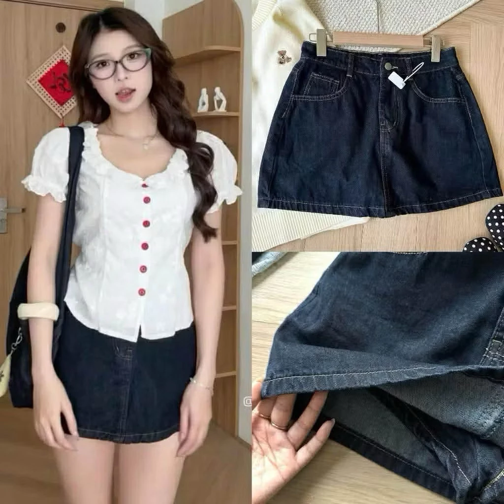 Chân váy jeans mini dáng ngắn màu xanh than  basic có quần bảo hộ