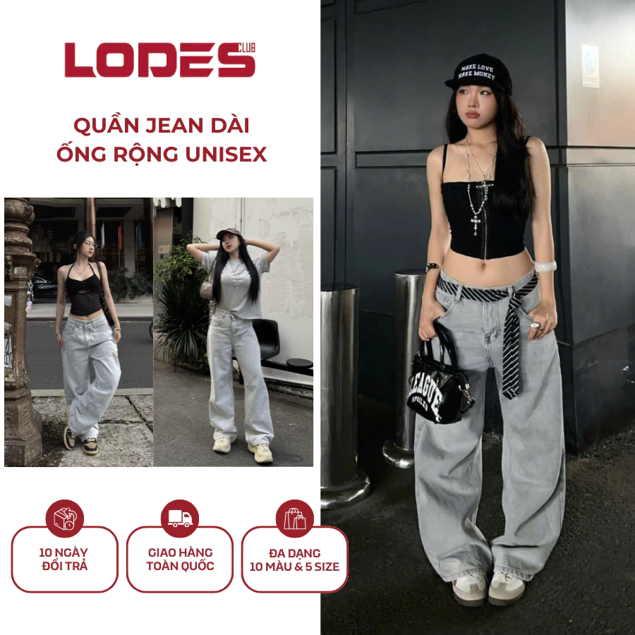 QUẦN JEAN ỐNG SUÔNG Lodes unisex tôn dáng, vải Denim Cao Cấp, màu xám trắng - Lodes Club