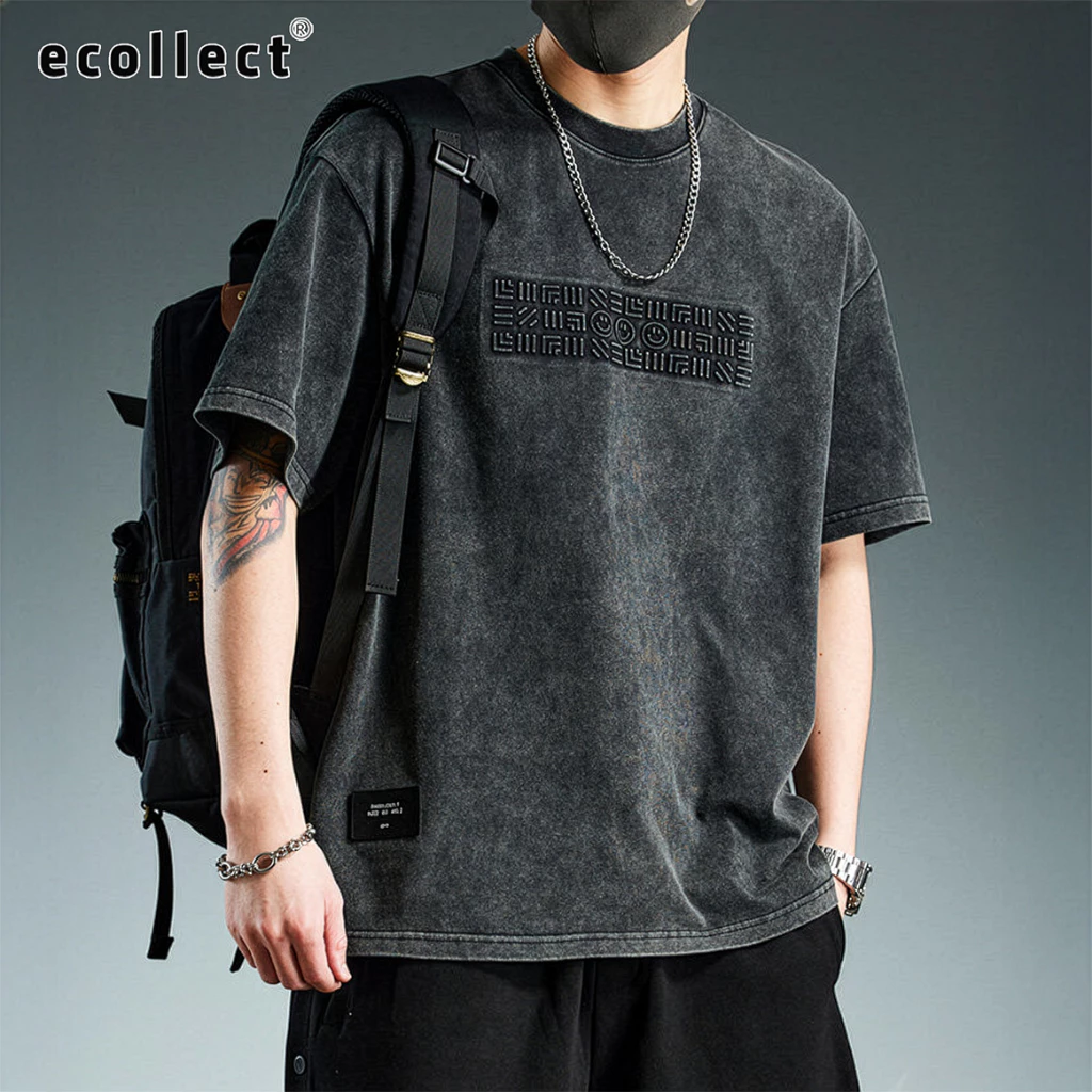 Áo Thun Nam ECOLLECT CT07 Ngắn Tay Form Rộng, Áo Phông Cotton Heavyweight Hiệu Ứng Washed Dập Nổi 3D Streetwear