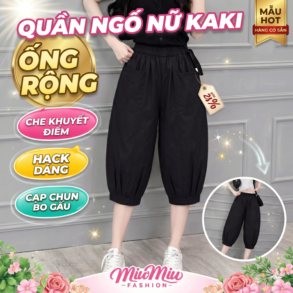 Quần Ngố Nữ Kaki Ống Rộng Dáng Bom, Quần Lửng Cạp Chun Bo Gấu Hack Dáng Che Khuyết Điểm (Mã Q-119)