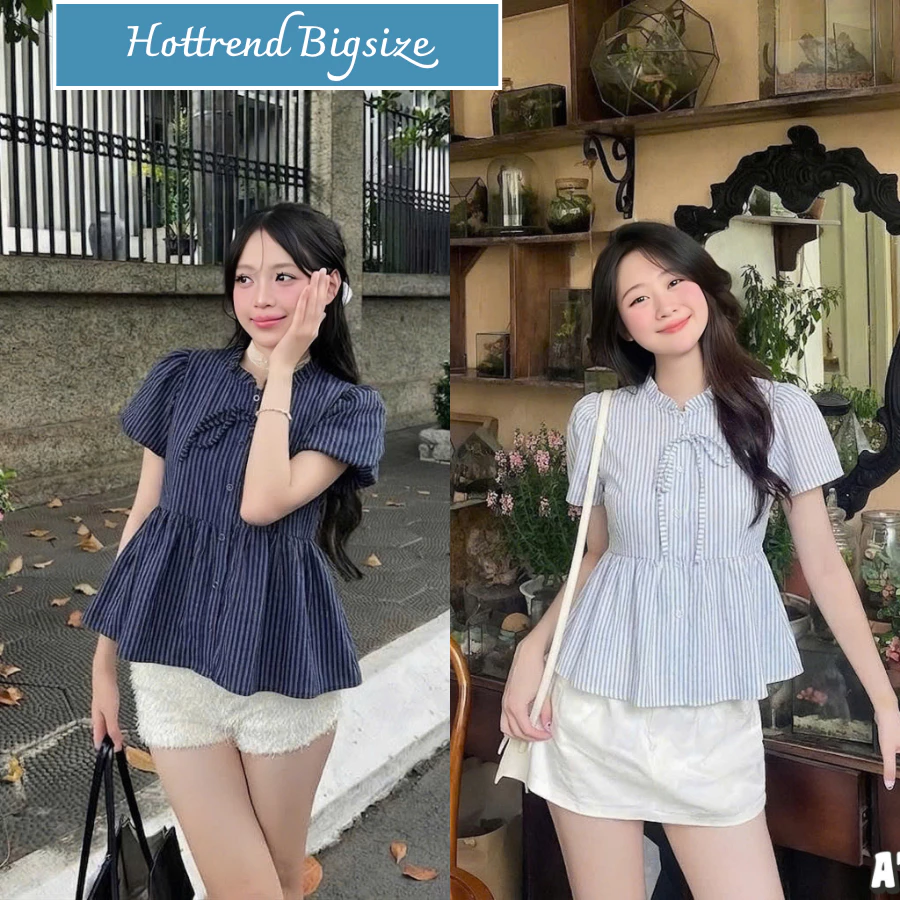 Áo Sơ Mi Kiểu BIGSIZE Nữ Thắt Eo Sau Lưng Sọc Xanh Than, Áo Babydoll Cổ Yếm Dây Buộc AT9119