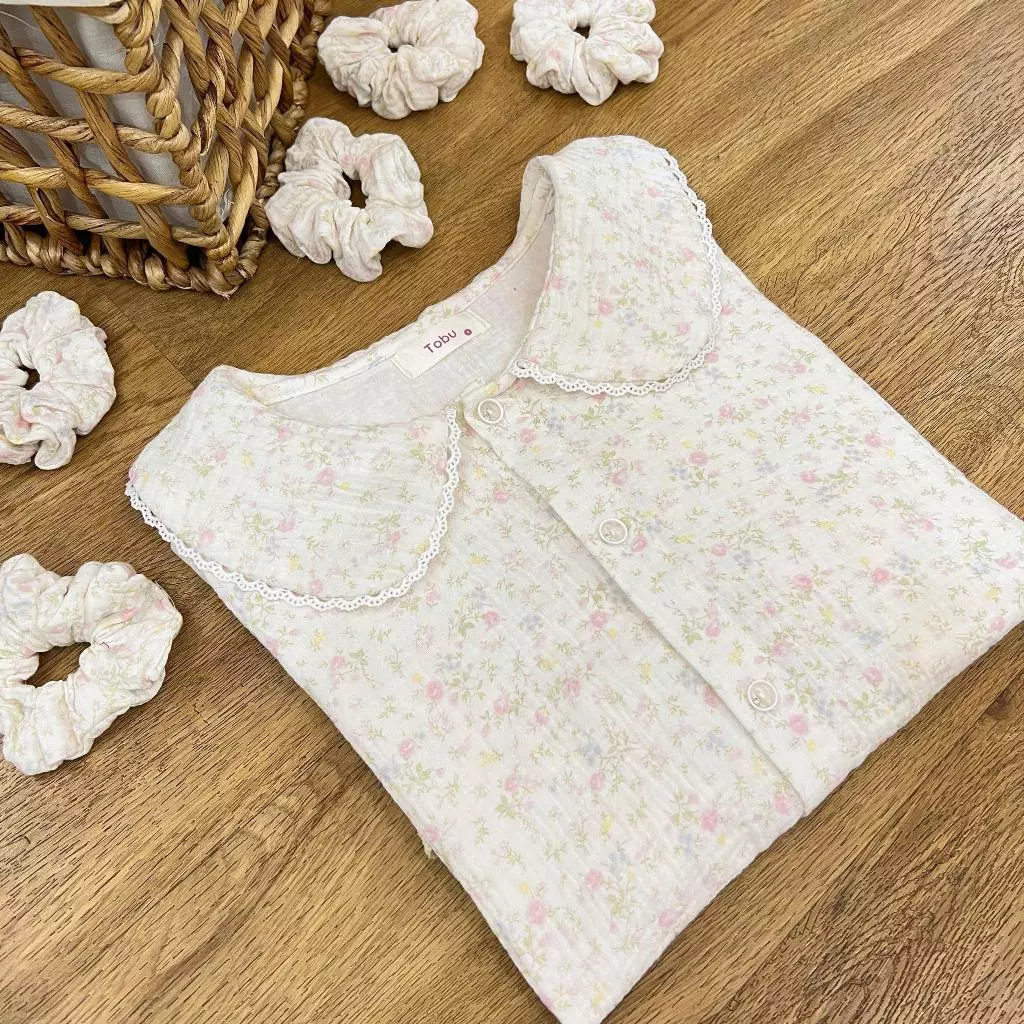 Bộ đồ ngủ Xô Muslin cổ sen TAY CỘC QUẦN DÀI, mặc ở nhà mềm mại, thoáng mát